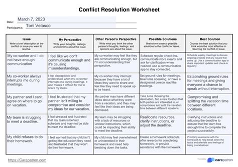 conflict resolution worksheets