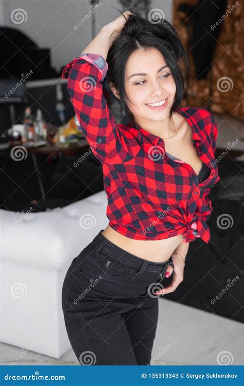 Naughty Young Woman Posing Near A White Sofa Stock Image Image Of