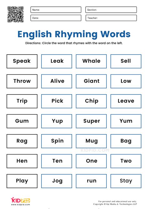 english rhyming words worksheets  grade  kidpid