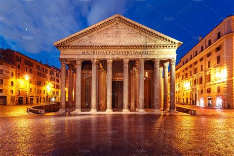 pantheon  night rome italy stock photo  pantheon