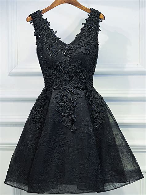 a line v neck short black lace prom dresses black short formal dresse