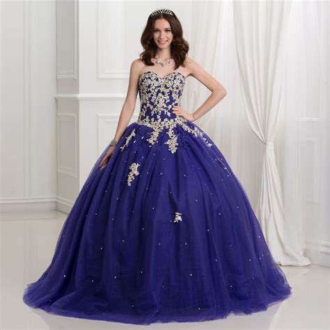 Dark Royal Blue Ball Gown Quinceanera Dresses With Gold