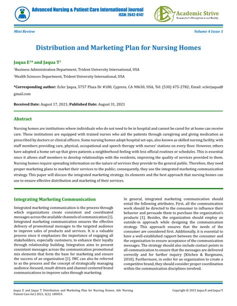 distribution  marketing plan  nursing homes