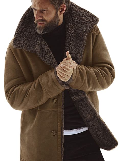 mens winter warm lined trench coat lapel casual fluffy fur fleece parka jacket fashion