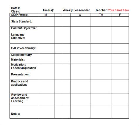 weekly lesson plan samples  google docs ms word pages