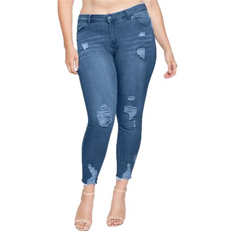 2019 high waist jeans women plus size ripped stretch slim