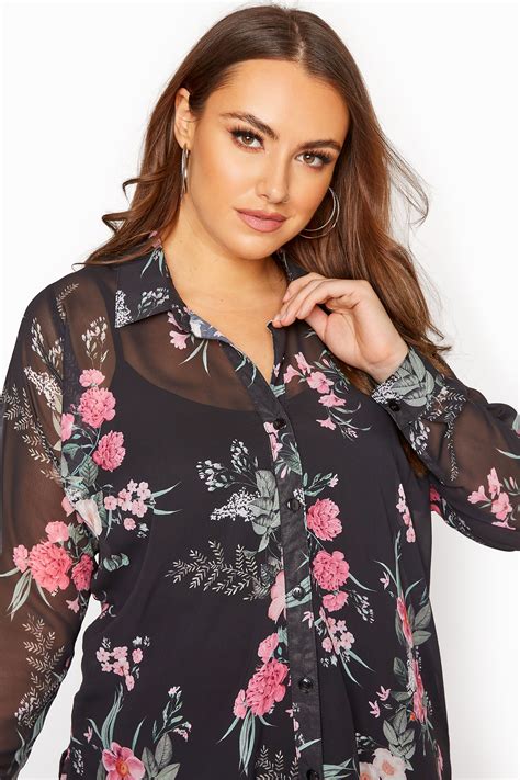 Yours London Black Longline Floral Blouse Yours Clothing