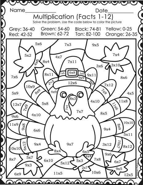multiplication facts color  code thanksgiving day color  numbers
