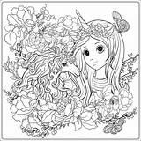 Unicorn Coloring Girl Pages Girls Cute Roses Drawing Outline Anime Garden Adult Vector Book Family sketch template