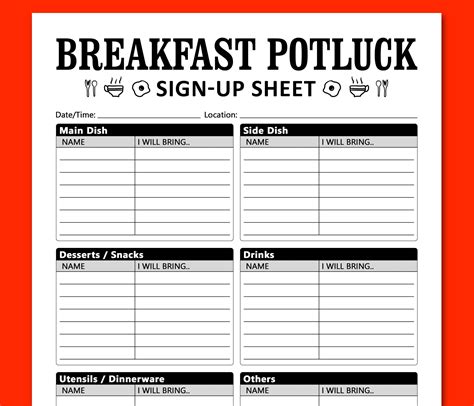 breakfast potluck sign  sheet printable template morning celebration