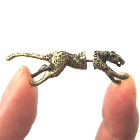 fake gauge realistic jaguar leopard animal stud earrings  bronze