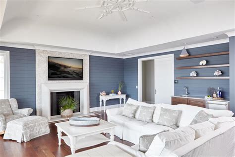 blue coastal living room  shiplap walls hgtv