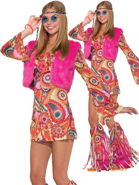 ladies hippy 60s 70s groovy costume adult flower hippie fur fancy dress