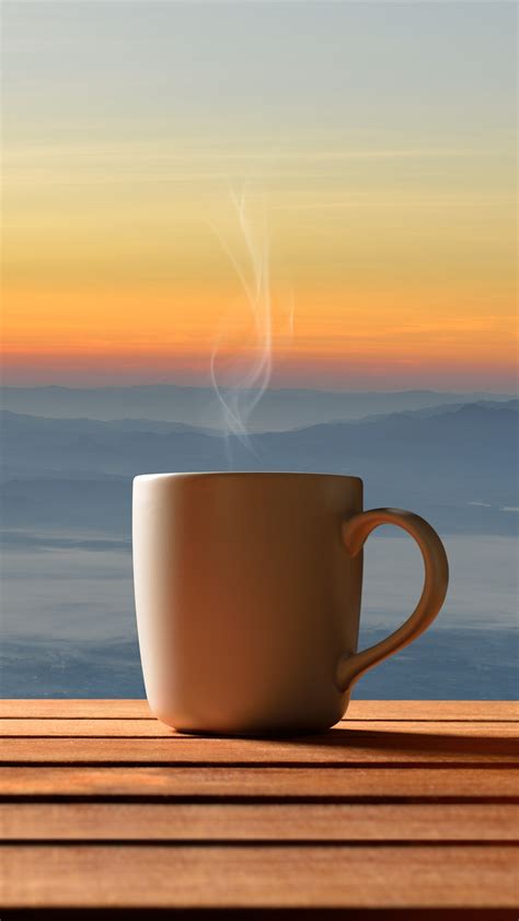 Wallpaper Mug, coffee, wood board, steam, sunset 5120x2880