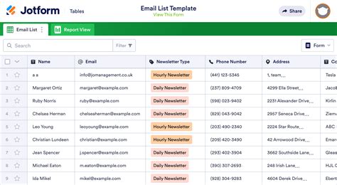 email list template jotform tables