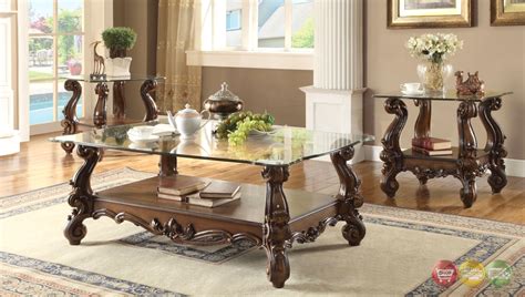 Versailles Traditional Cherry Oak Round Glass Top Coffee Table