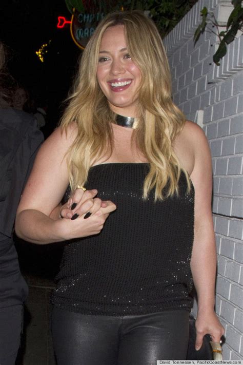 hilary duff dons leather leggings tube top for night out photos huffpost