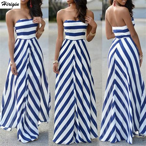 Striped Women Sexy Summer Maxi Long Dress Strapless Elegant Evening