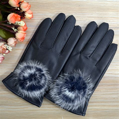 buy leather gloves fashion rabbit fur ball pu leather gloves  women winter