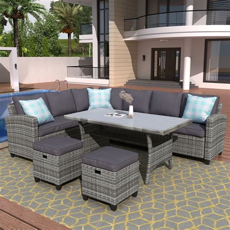 veryke  piece patio dining table sets outdoor wicker sectional conversation sofa furniture set