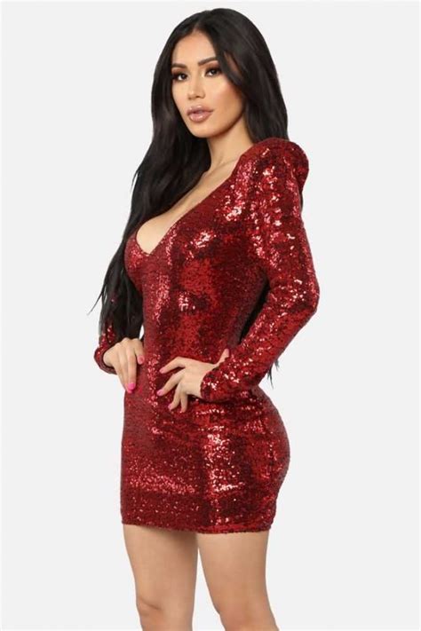 Dark Red Sequin V Neck Long Sleeve Sexy Bodycon Mini Dress