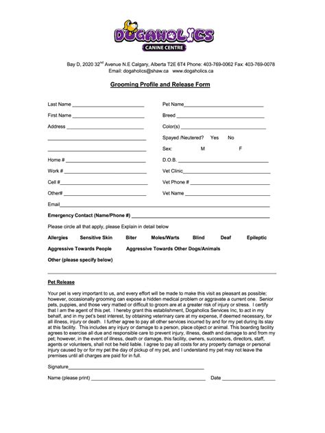 grooming release form templates   fill  sign printable