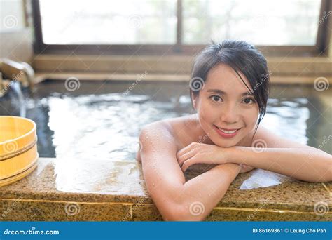 woman enjoy japanese hot springs stock image image of landscape