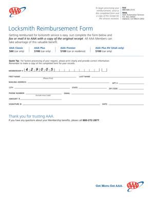 aaa locksmith reimbursement fill  printable fillable blank
