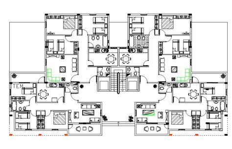 bhk apartment cluster layout plan  furniture drawing autocad file cadbull