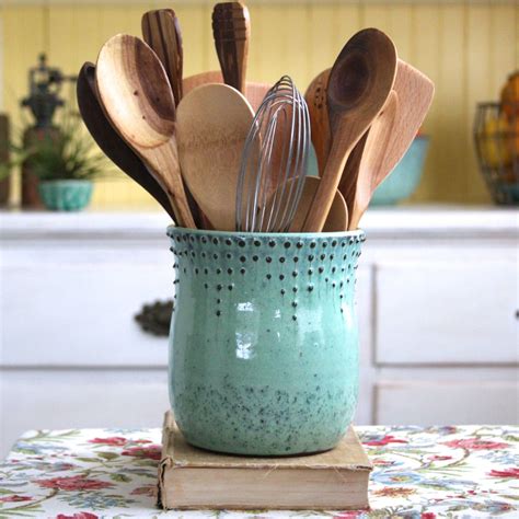 kitchen utensil holder large size aqua mist hand thrown