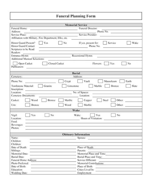 easy  edit funeral planning checklist printable form microsoft