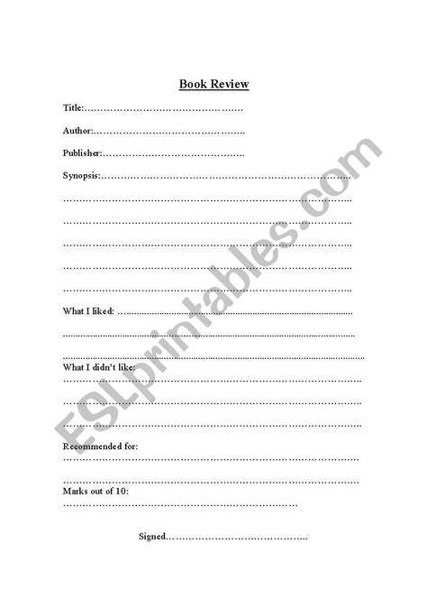 english worksheets book review form
