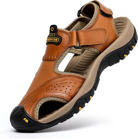 sandals  men leather hiking sandals athletic walking sports fisherman beach shoes closed toe