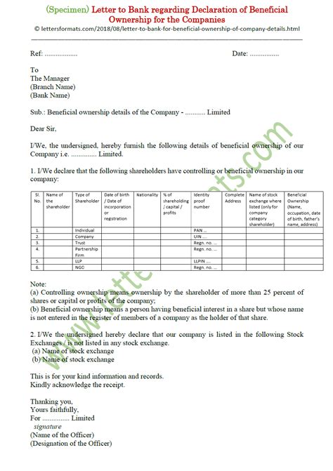 letter  bank  company beneficial ownership declaration