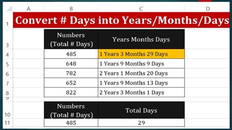 convert days  years months  days  excel  youtube