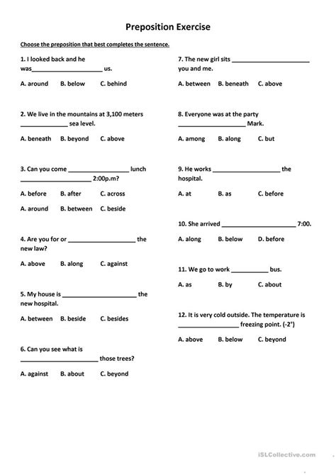 preposition exercise    words english esl worksheets