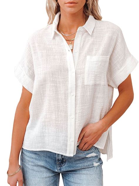 women summer short sleeve pocket tops button down cotton linen shirt