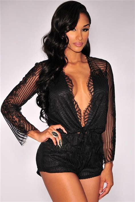 women black sheer lace deep v neck romper online store