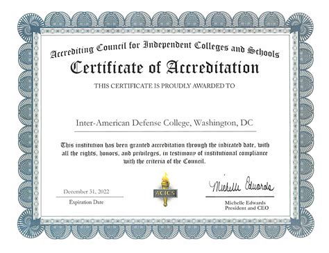 acics accreditation certificate inter american defense college