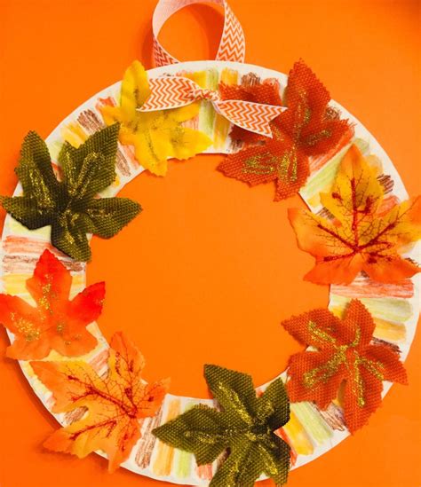 fall leaves paper plate wreath craft glitter   dime