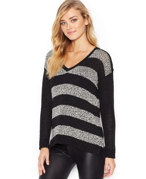 Kensie Long Sleeve V Neck Striped Sweater Only At Macys In Black Lyst