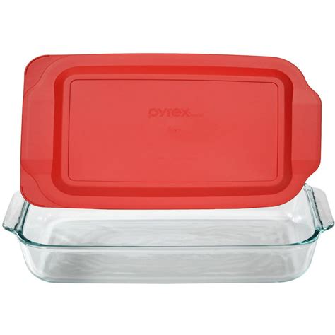 Pyrex Basics 3 Quart Glass Oblong Baking Dish With Red Plastic Lid 13