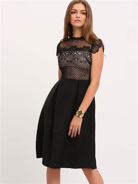 Black Lace Insert Crochet Hollow Flare Dress Shein Sheinside