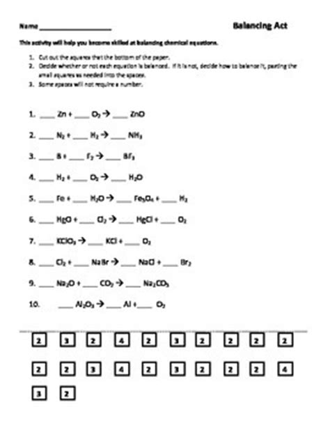 balancing chemical equations worksheet   science tpt