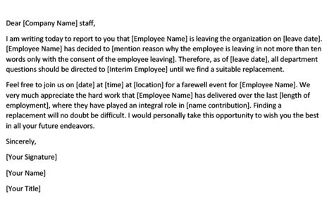 employee leaving announcement email template  sample letter