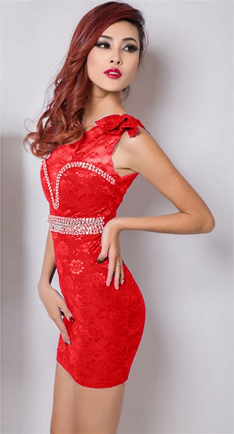 Sexy Noble Red Beading One Shoulder Lace Mini Dress N9963
