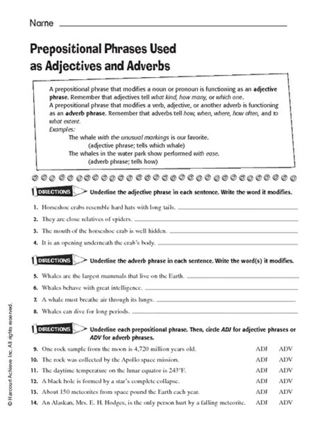 prepositional phrases   adjectives  adverbs worksheet