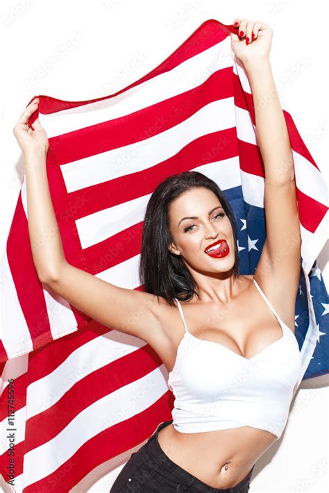 Sexy Woman With Big Tits Holding Usa Flag Stock Foto Adobe Stock