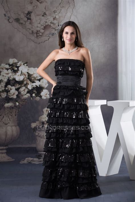 A Line Sleeveless Floor Length Ruffles Chiffon Sequins Long Black Prom