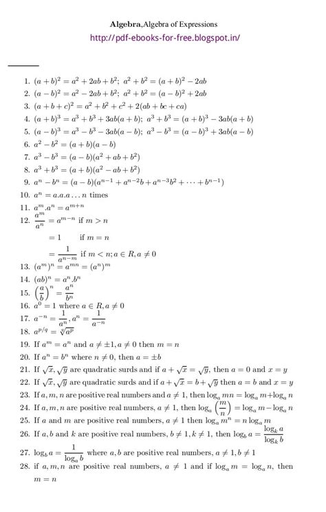 basic algebra math formulas  mathematical formulas
